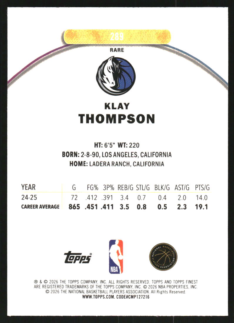 2025-26 Finest Sky Blue Refractors #289 Klay Thompson R /150