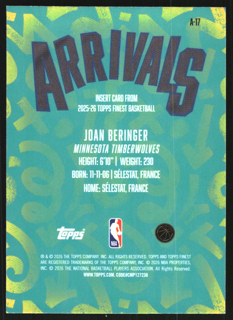 2025-26 Finest Arrivals #A17 Joan Beringer