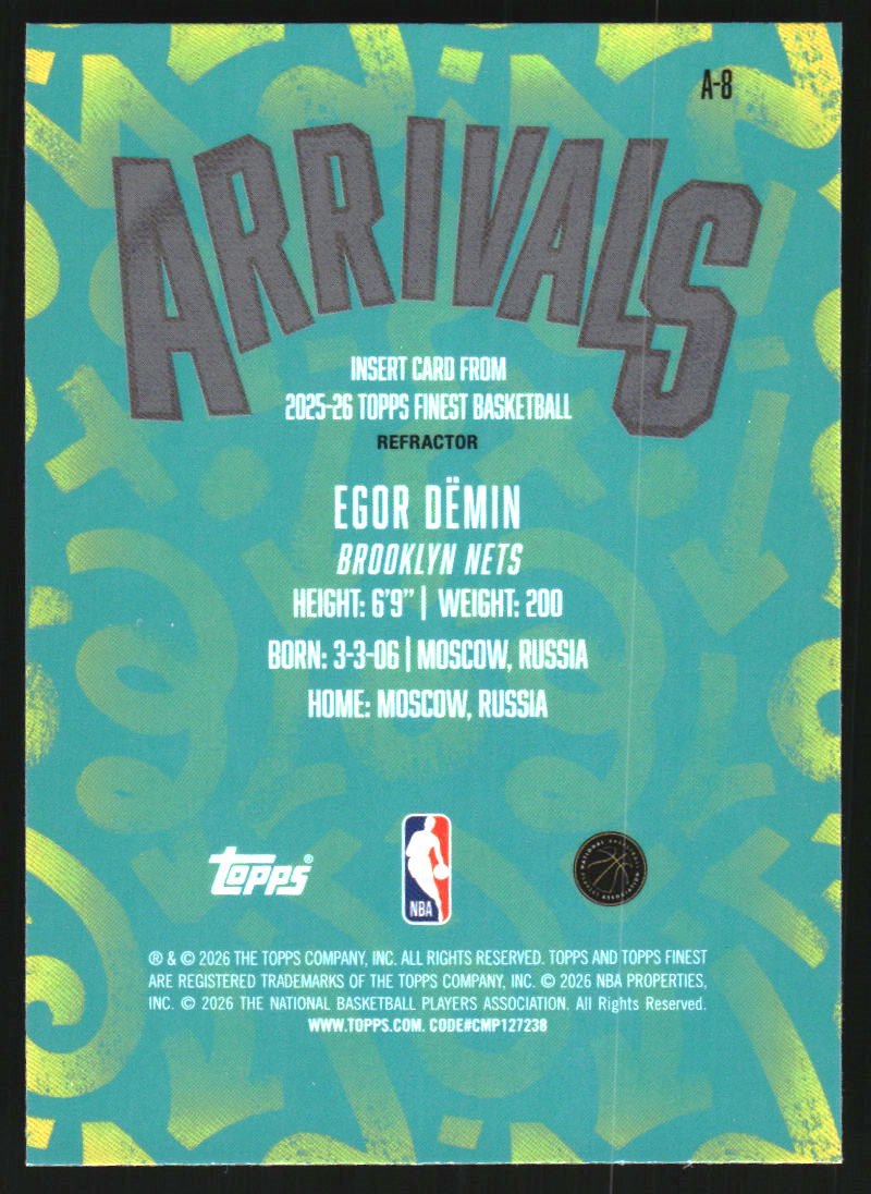 2025-26 Finest Arrivals Refractors #A8 Egor Demin