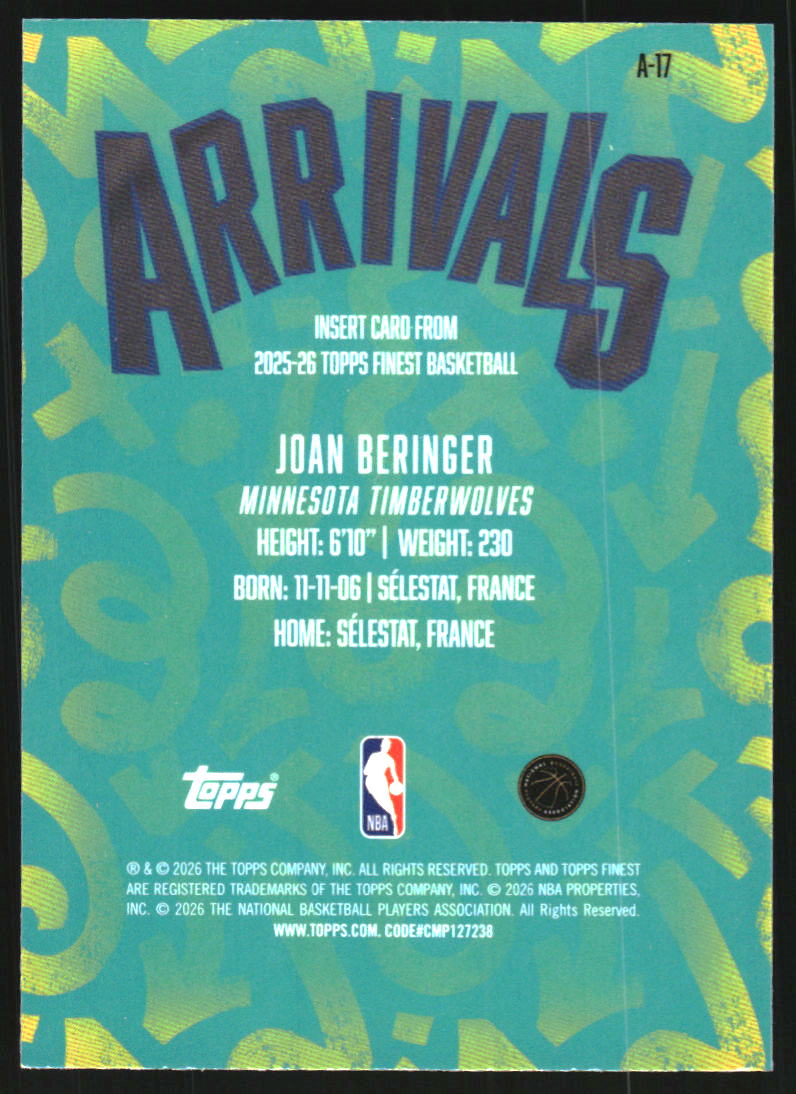 2025-26 Finest Arrivals Blue Geometric Refractors #A17 Joan Beringer /75