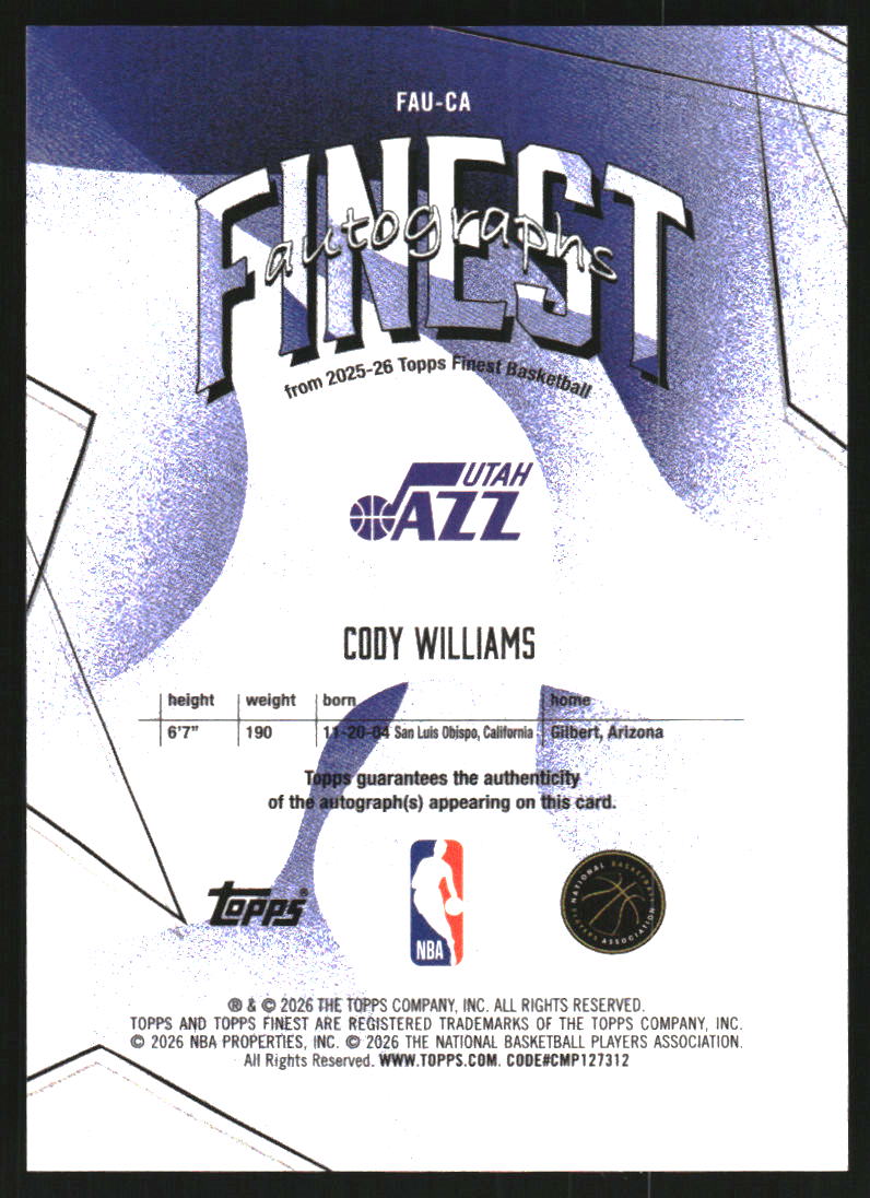 2025-26 Finest Autographs Blue X-Fractors #FAUCA Cody Williams Auto /99