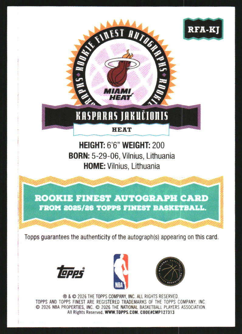 2025-26 Finest Rookie Autographs Blue X-Fractors #RFAKJ Kasparas Jakucionis Auto /99