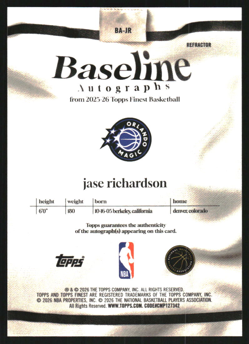 2025-26 Finest Baseline Autographs Refractors #BAJR Jase Richardson Auto