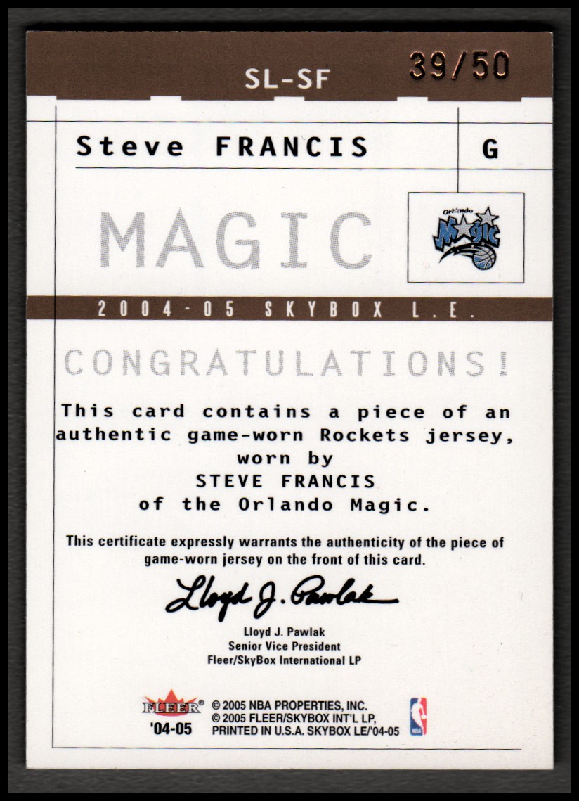 2004-05 SkyBox LE Sky's the Limit Jerseys 50 #SF Steve Francis back image