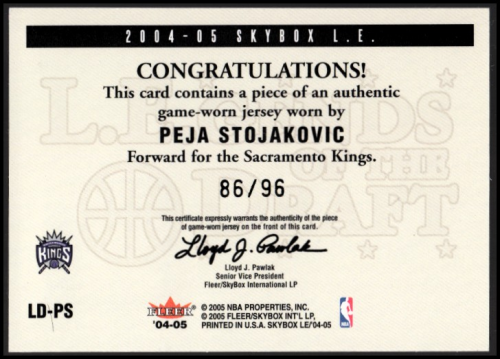 2004-05 SkyBox LE Legends of the Draft Jerseys Year #PJ Peja Stojakovic/96 back image