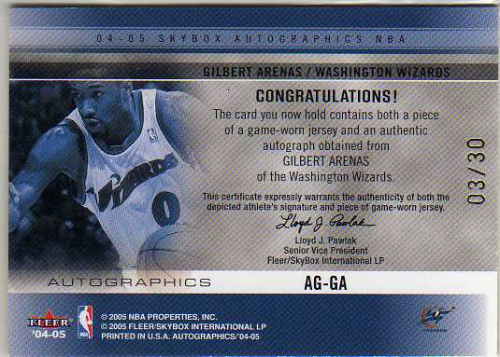 2004-05 SkyBox Autographics Autographs Jerseys 30 #GA Gilbert Arenas back image