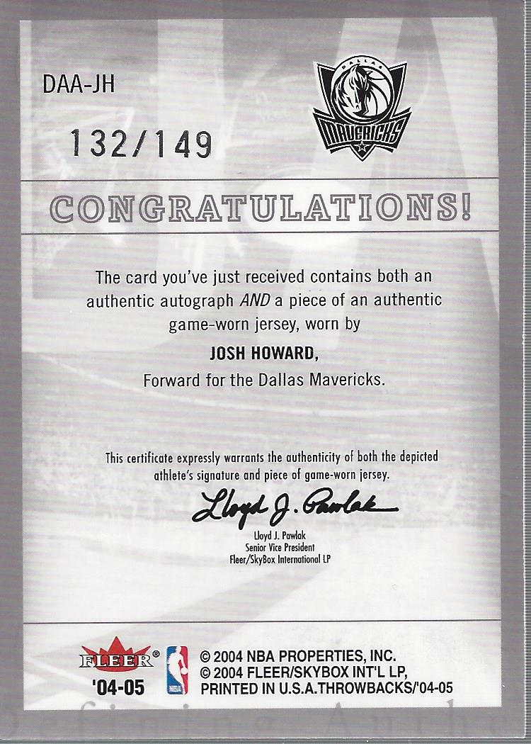 2004-05 Fleer Throwbacks Defining Authentic Jerseys Autographs Silver #JH Josh Howard/149 back image
