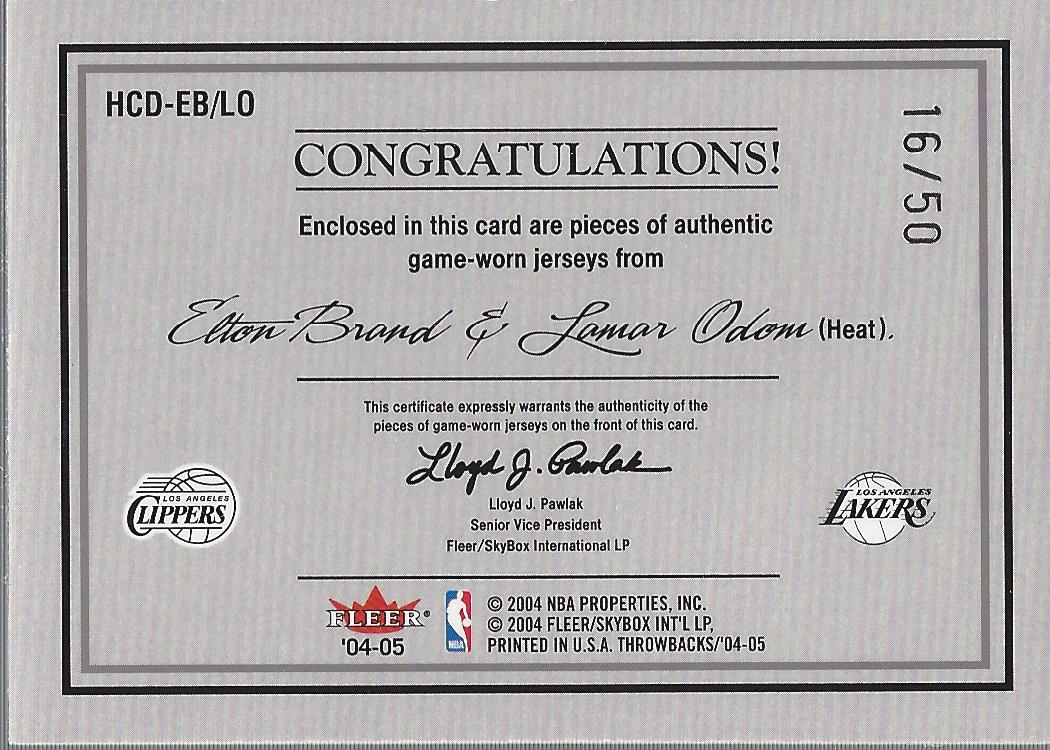 2004-05 Fleer Throwbacks Hardwood Classics Jerseys Dual #BO Elton Brand/Lamar Odom back image