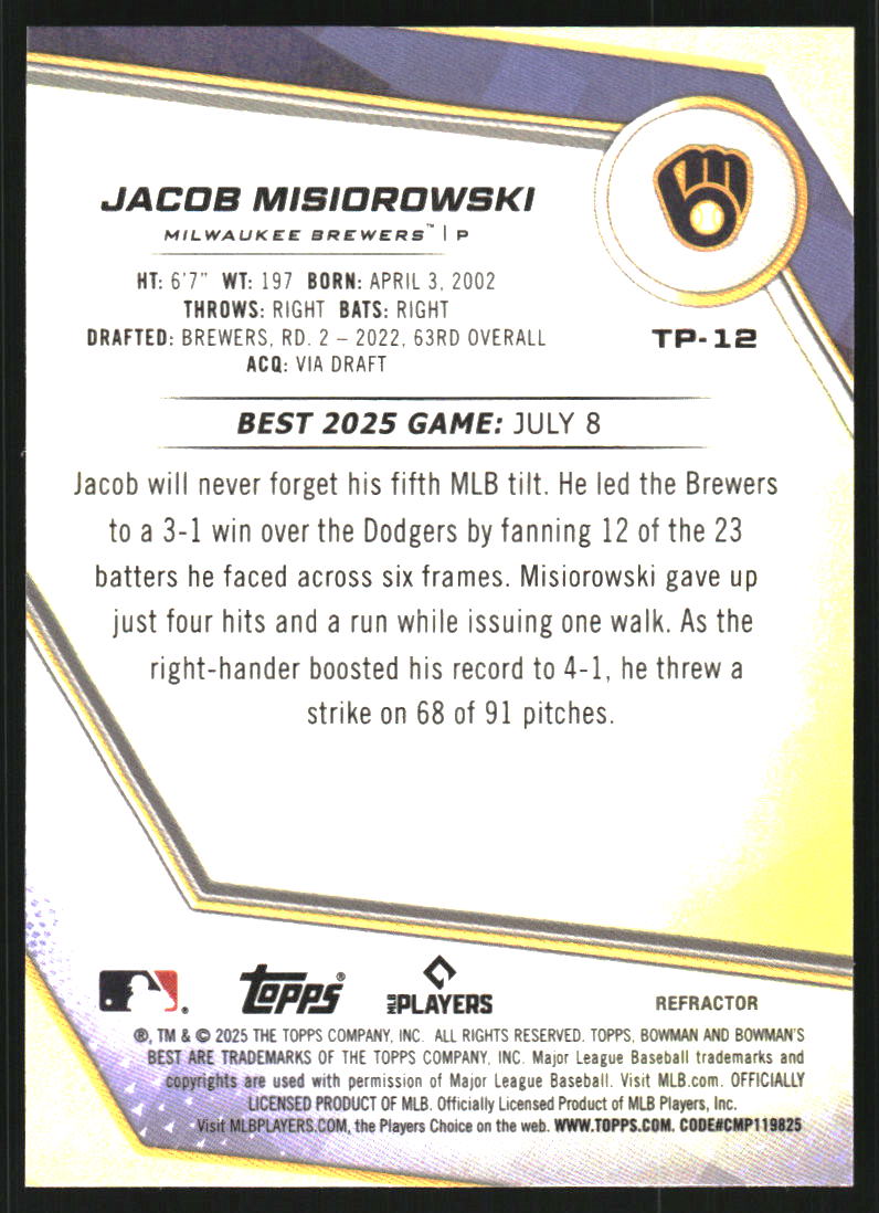2025 Bowman's Best Top Prospects Refractors #TP12 Jacob Misiorowski