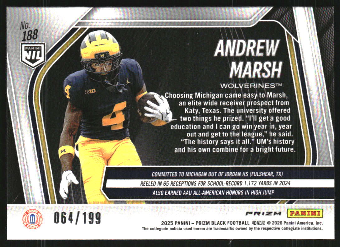 2025 Panini Prizm Black Prizms Blue #188 Andrew Marsh /199