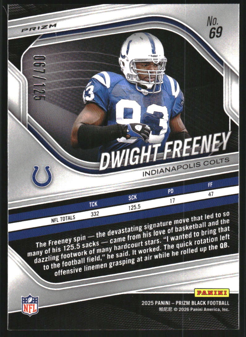 2025 Panini Prizm Black Prizms Blue Ice #69 Dwight Freeney /125