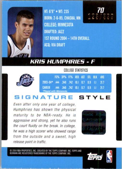 2004-05 Bowman Signature Edition #70 Kris Humphries JSY AU RC back image