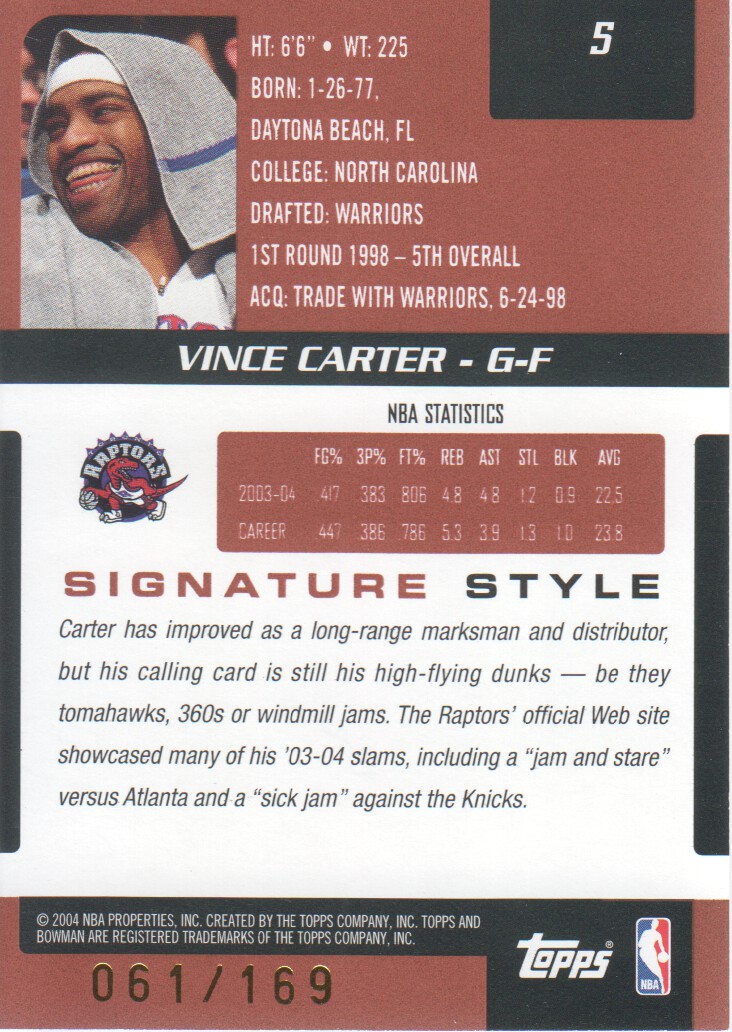 2004-05 Bowman Signature Edition 169 #5 Vince Carter back image