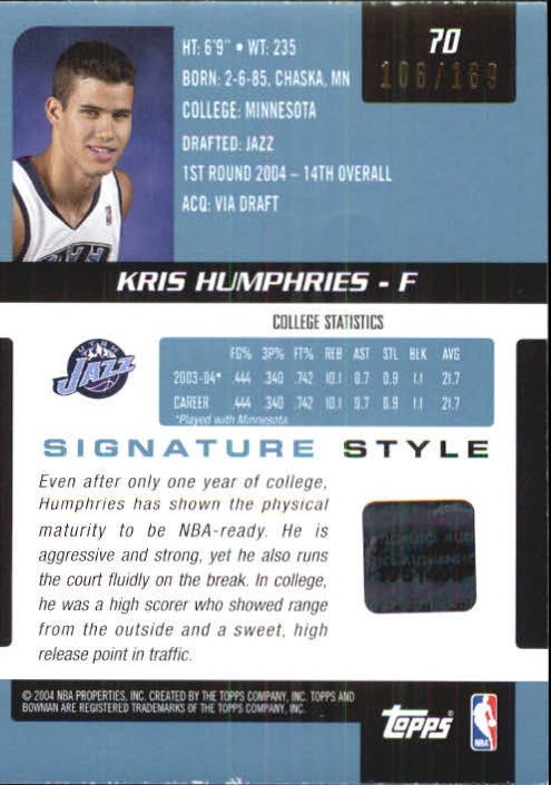 2004-05 Bowman Signature Edition 169 #70 Kris Humphries JSY AU back image