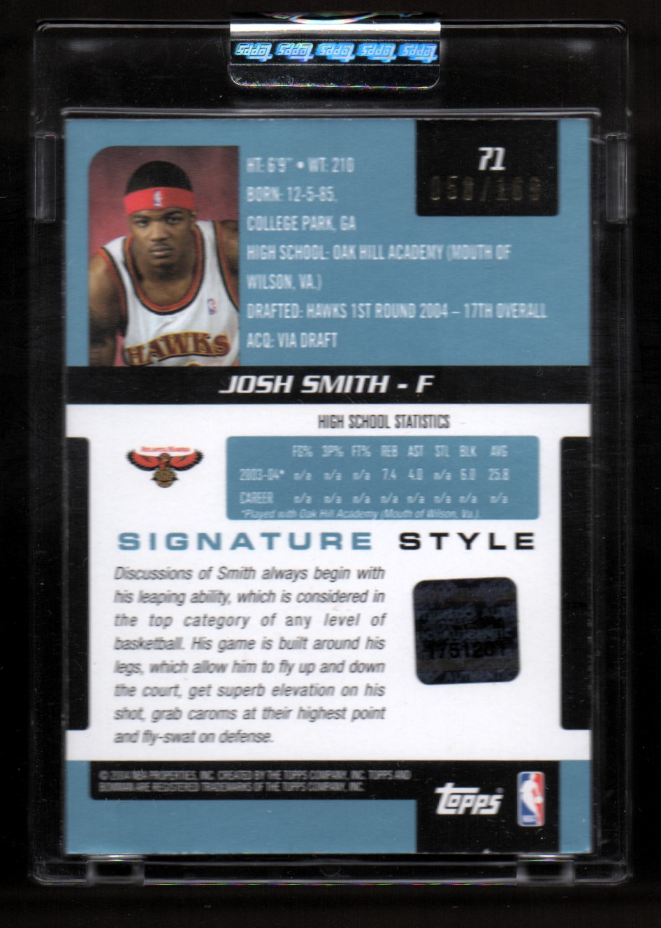2004-05 Bowman Signature Edition 169 #71 Josh Smith JSY AU back image