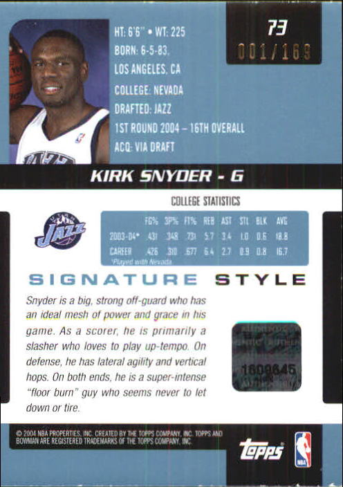 2004-05 Bowman Signature Edition 169 #73 Kirk Snyder JSY AU back image