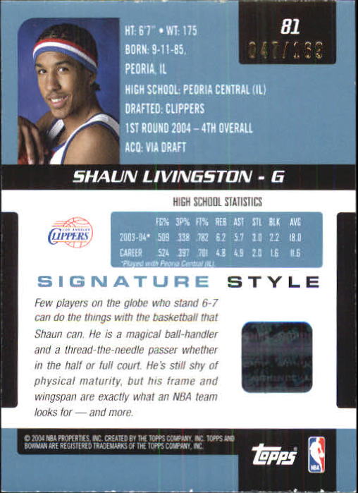 2004-05 Bowman Signature Edition 169 #81 Shaun Livingston JSY AU back image