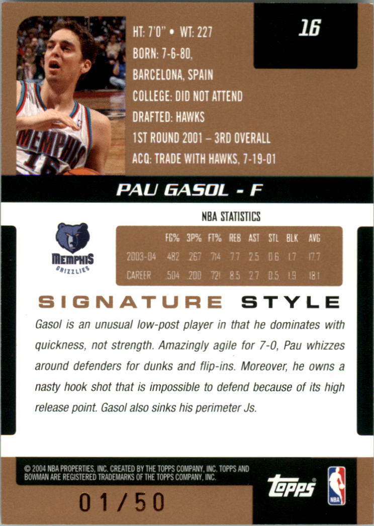 2004-05 Bowman Signature Edition 50 #16 Pau Gasol back image