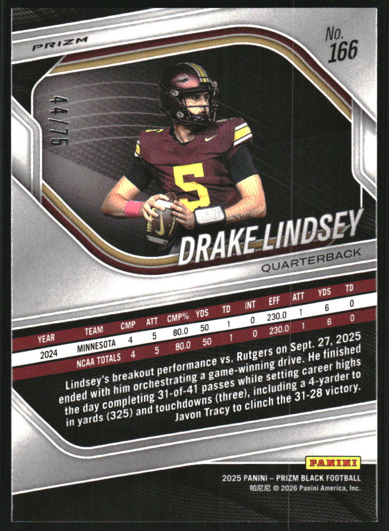 2025 Panini Prizm Black Prizms Red Power #166 Drake Lindsey /75