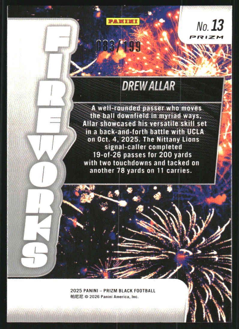 2025 Panini Prizm Black Fireworks Prizms Blue #13 Drew Allar /199