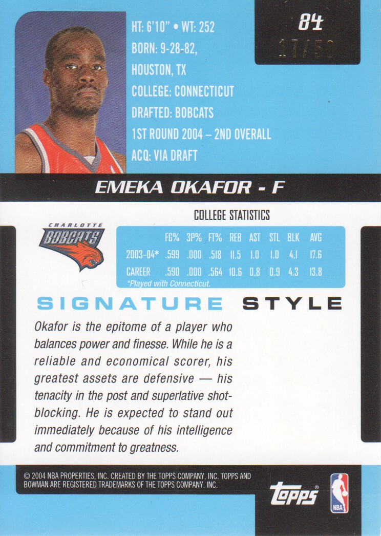 2004-05 Bowman Signature Edition Foil #84 Emeka Okafor back image