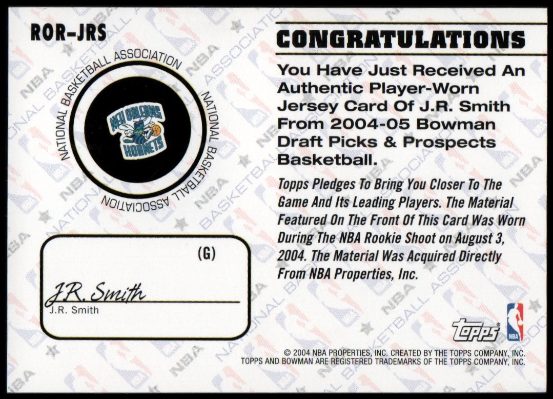 2004-05 Bowman Rookie Registration Relics #JRS J.R. Smith back image