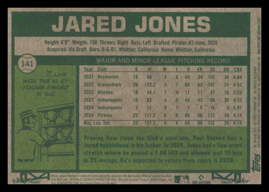 2026 Topps Heritage Chrome Green Refractors #141 Jared Jones back image