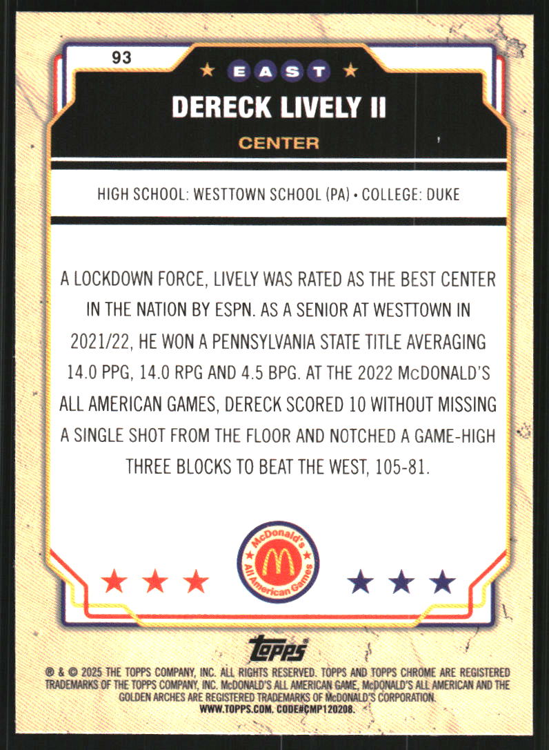 2025 Topps Chrome McDonald's All American #93 Dereck Lively II