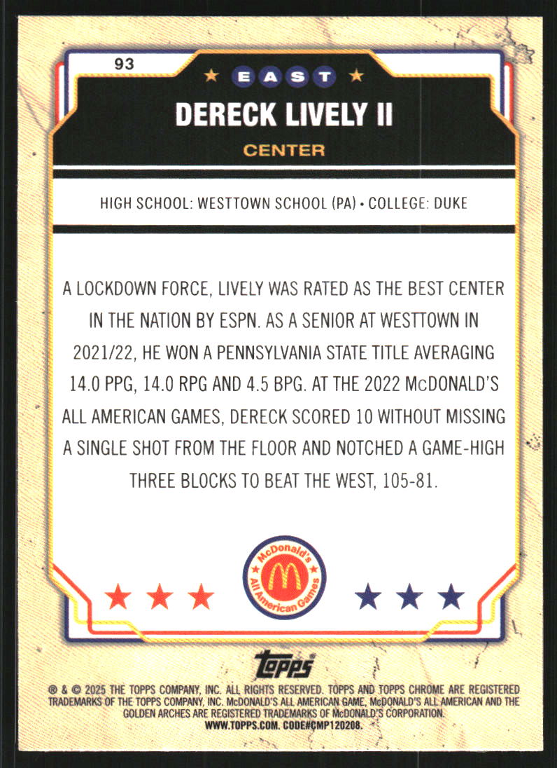 2025 Topps Chrome McDonald's All American McFlurry Refractors #93 Dereck Lively II