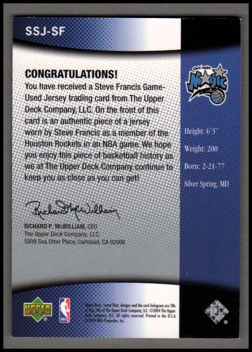 2004-05 Sweet Shot Jerseys #SF Steve Francis back image