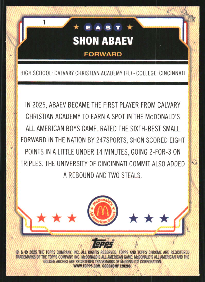 2025 Topps Chrome McDonald's All American RayWave Refractors #1 Shon Abaev