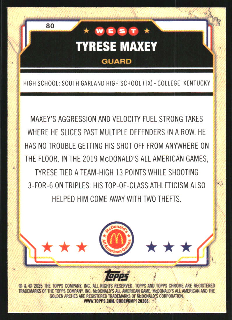 2025 Topps Chrome McDonald's All American RayWave Refractors #80 Tyrese Maxey