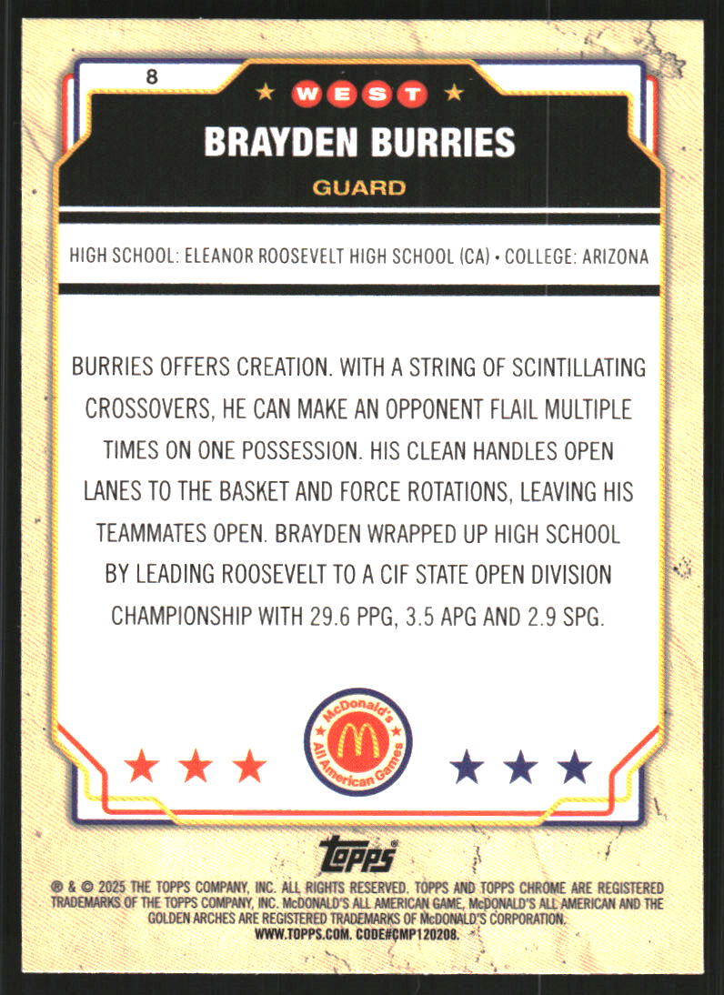 2025 Topps Chrome McDonald's All American Aqua Wave Refractors #8 Brayden Burries /199