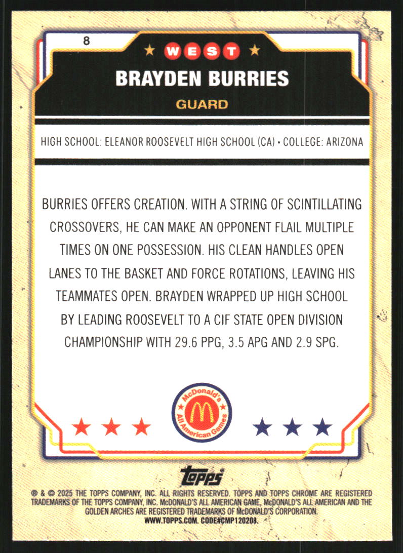 2025 Topps Chrome McDonald's All American Purple Refractors #8 Brayden Burries /150
