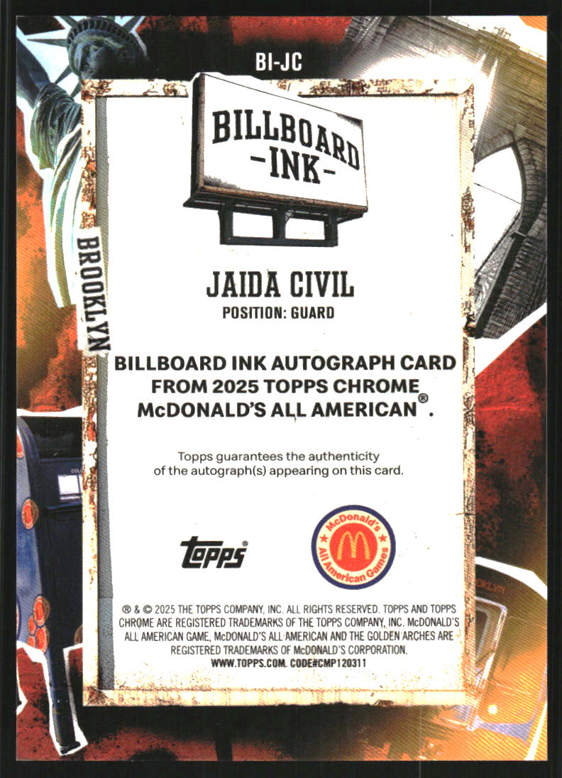 2025 Topps Chrome McDonald's All American Billboard Ink #BIJC Jaida Civil Auto