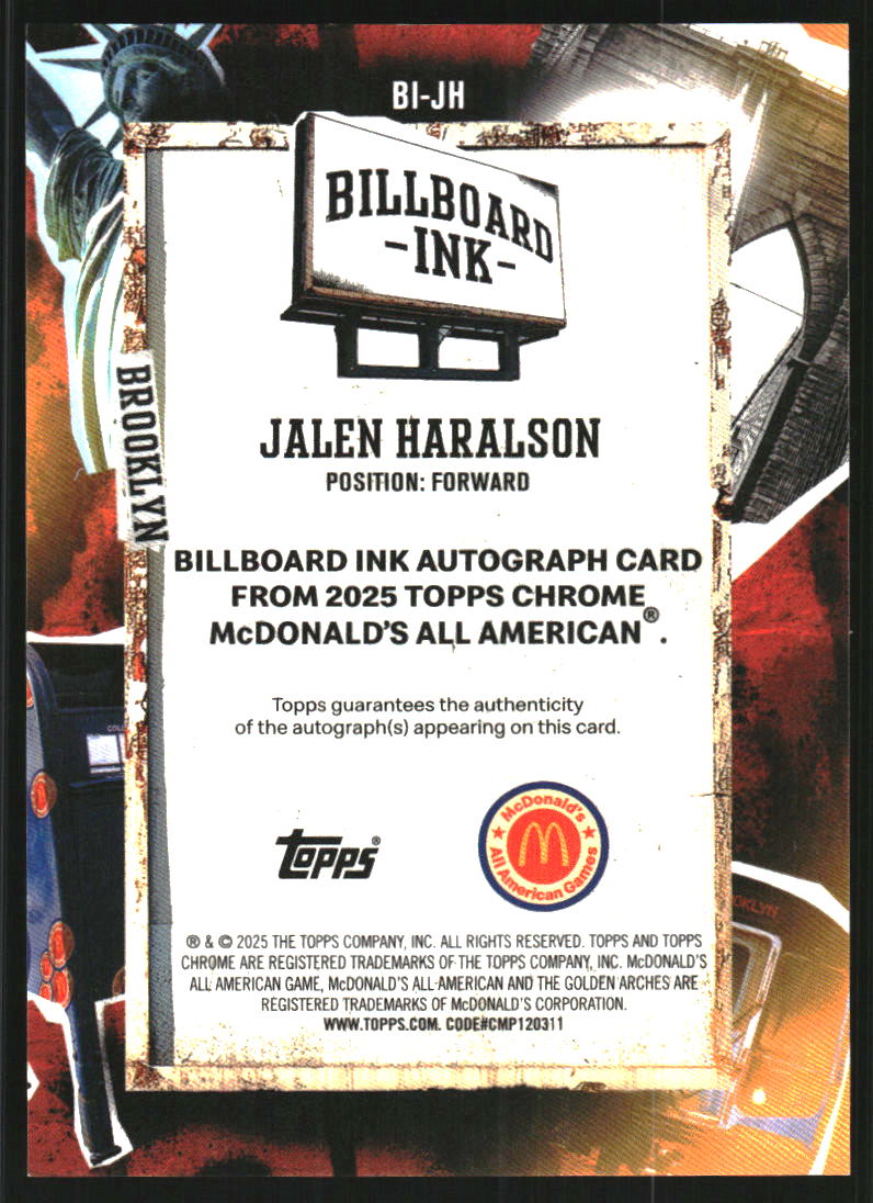 2025 Topps Chrome McDonald's All American Billboard Ink Logo Refractors #BIJH Jalen Haralson Auto /75
