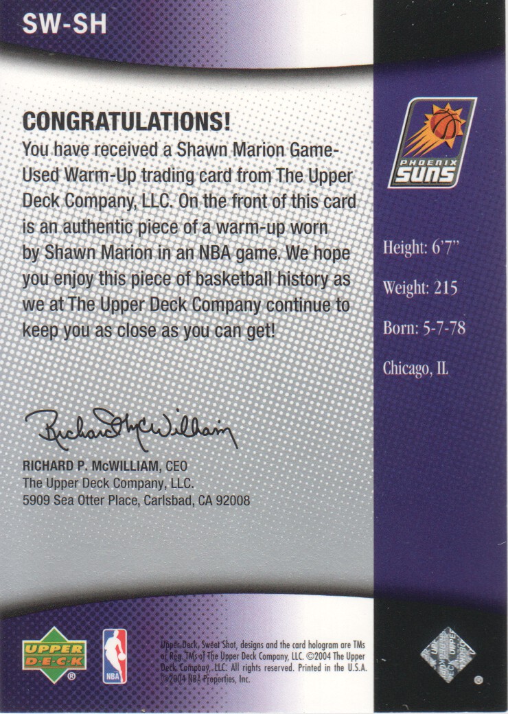 2004-05 Sweet Shot Swatches #SH Shawn Marion back image
