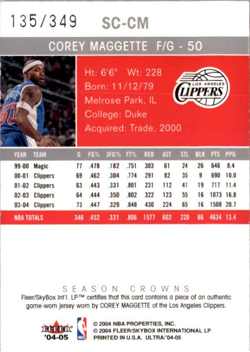 2004-05 Ultra Season Crowns Game Used #CM Corey Maggette back image