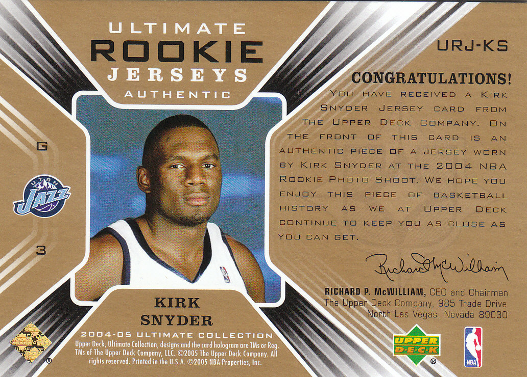 2004-05 Ultimate Collection Rookie Jerseys #KS Kirk Snyder back image