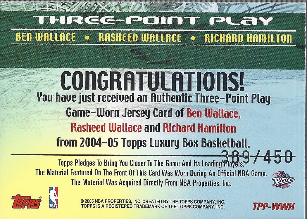 2004-05 Topps Luxury Box Three-Point Play Relics #WWH Ben Wallace/Rasheed Wallace/Richard Hamilton back image