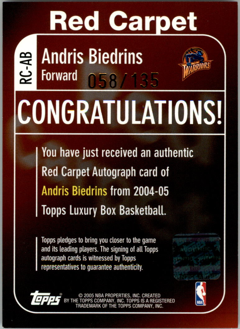 2004-05 Topps Luxury Box Red Carpet Autographs #AB Andris Biedrins back image