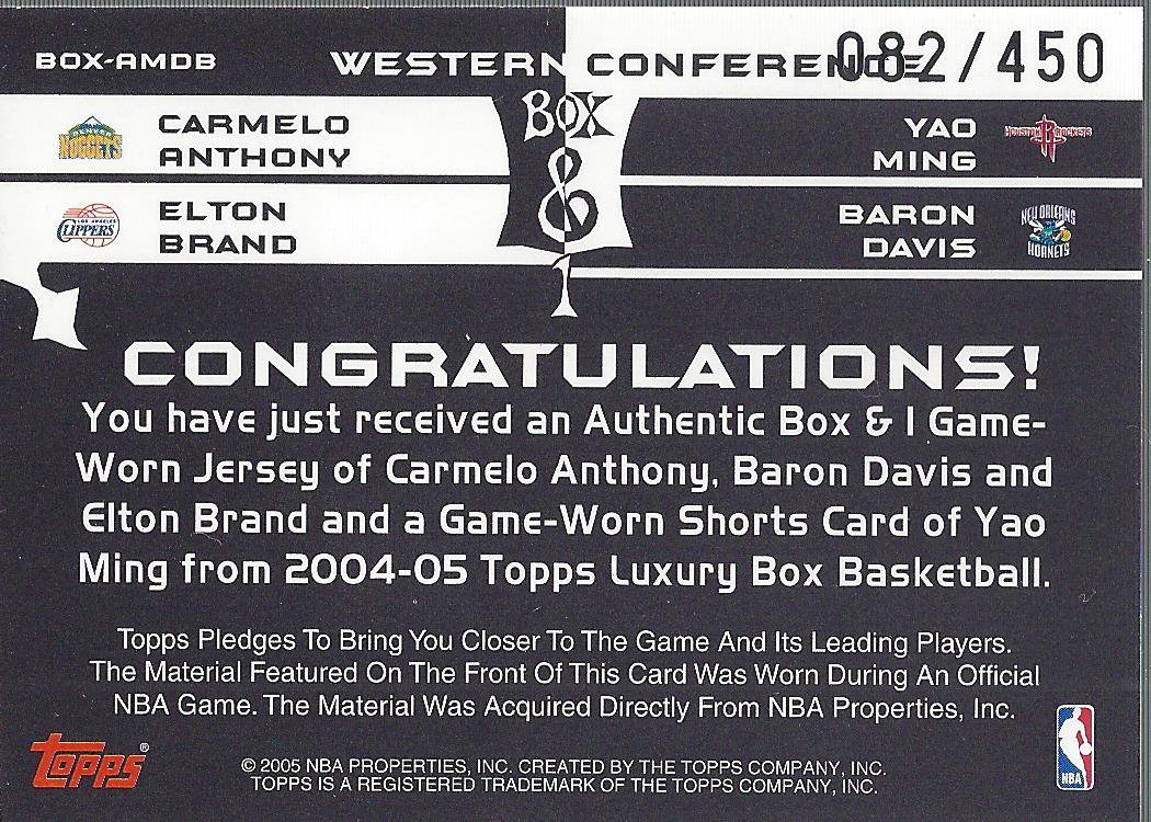2004-05 Topps Luxury Box and 1 #AMDB Carmelo Anthony/Yao Ming/Baron Davis/Elton Brand back image