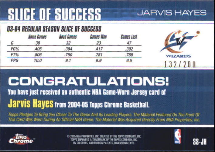 2004-05 Topps Chrome Slice of Success #JH Jarvis Hayes/200 back image