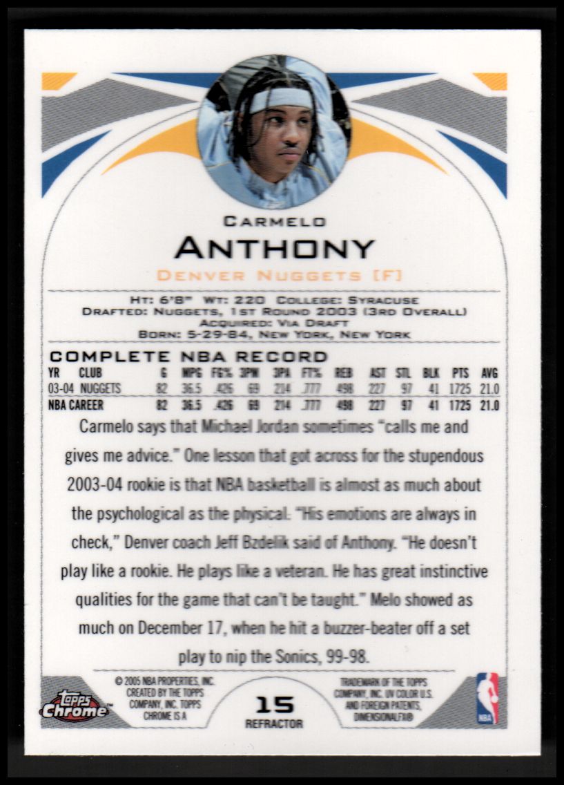 2004-05 Topps Chrome Refractors #15 Carmelo Anthony back image