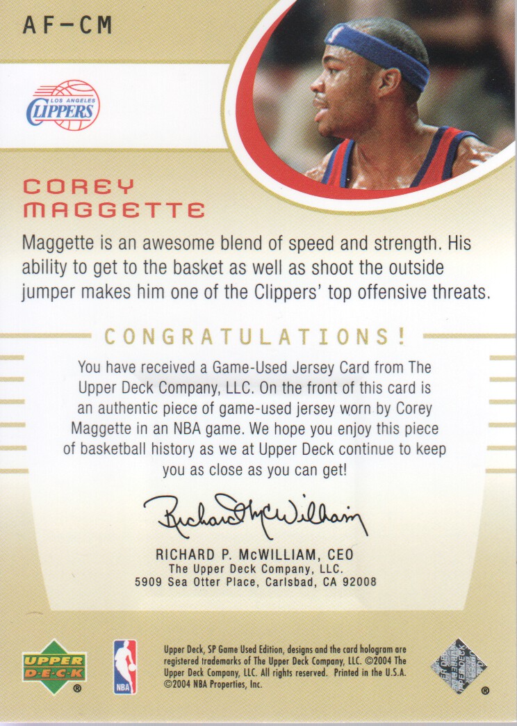 2004-05 SP Game Used Authentic Fabrics #CM Corey Maggette back image