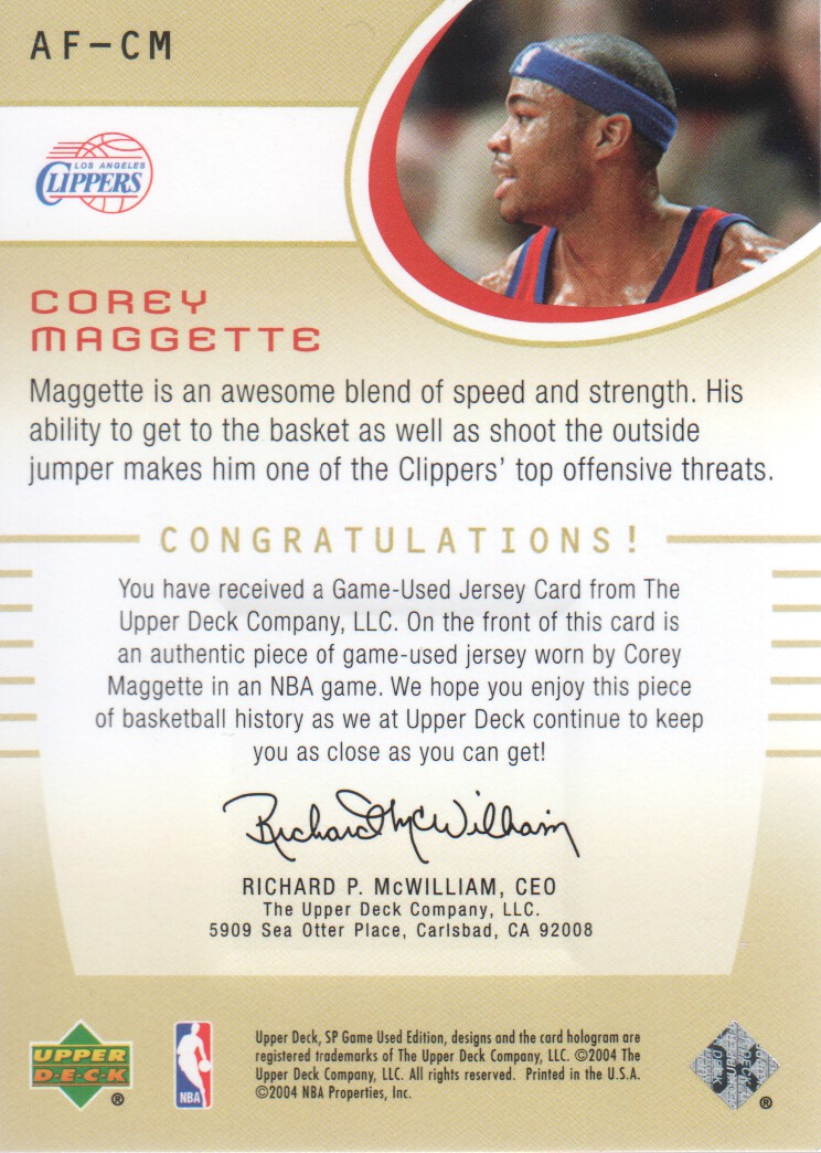 2004-05 SP Game Used Authentic Fabrics Gold #CM Corey Maggette back image