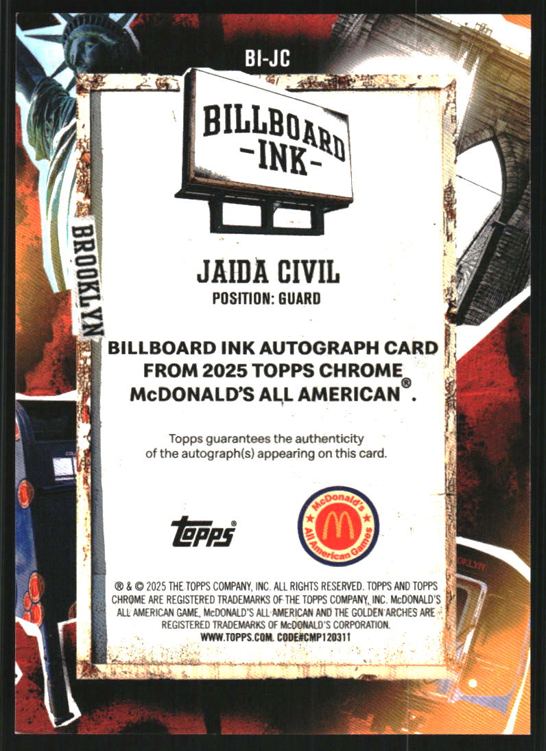 2025 Topps Chrome McDonald's All American Billboard Ink Green Refractors #BIJC Jaida Civil Auto /99