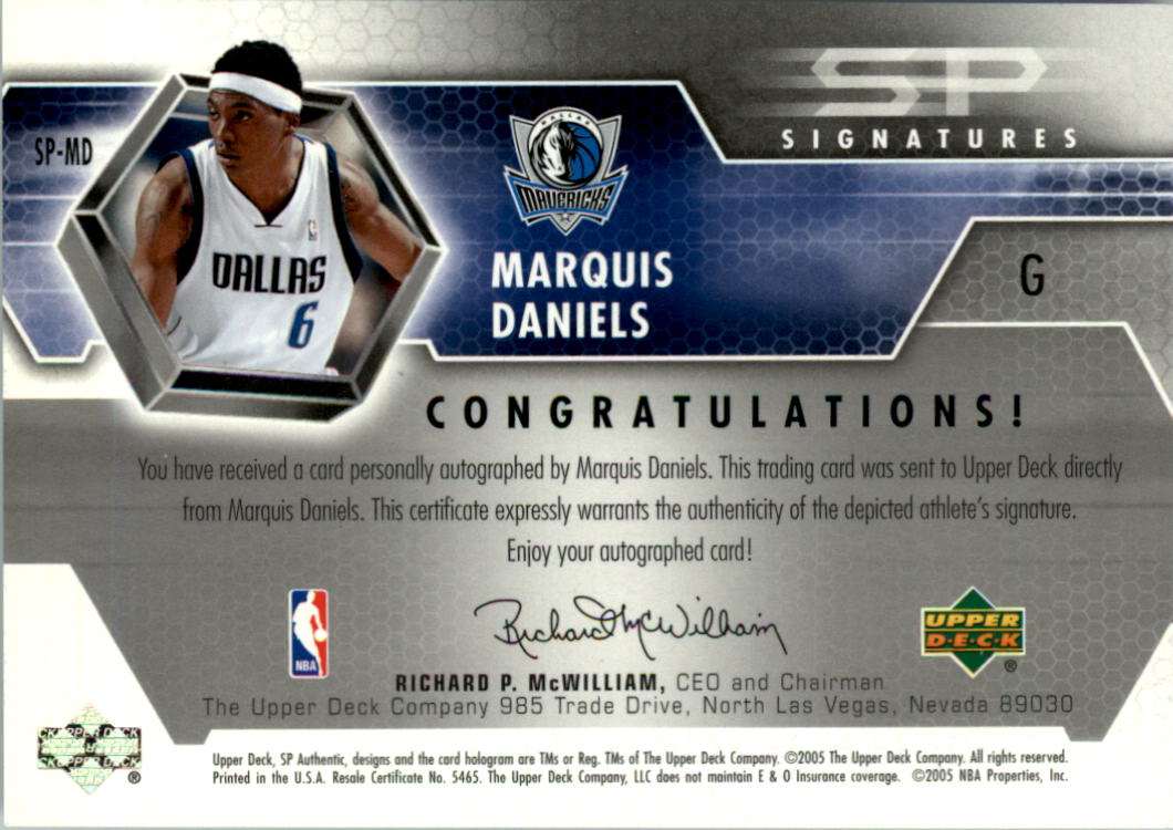 2004-05 SP Authentic Signatures #MD Marquis Daniels back image