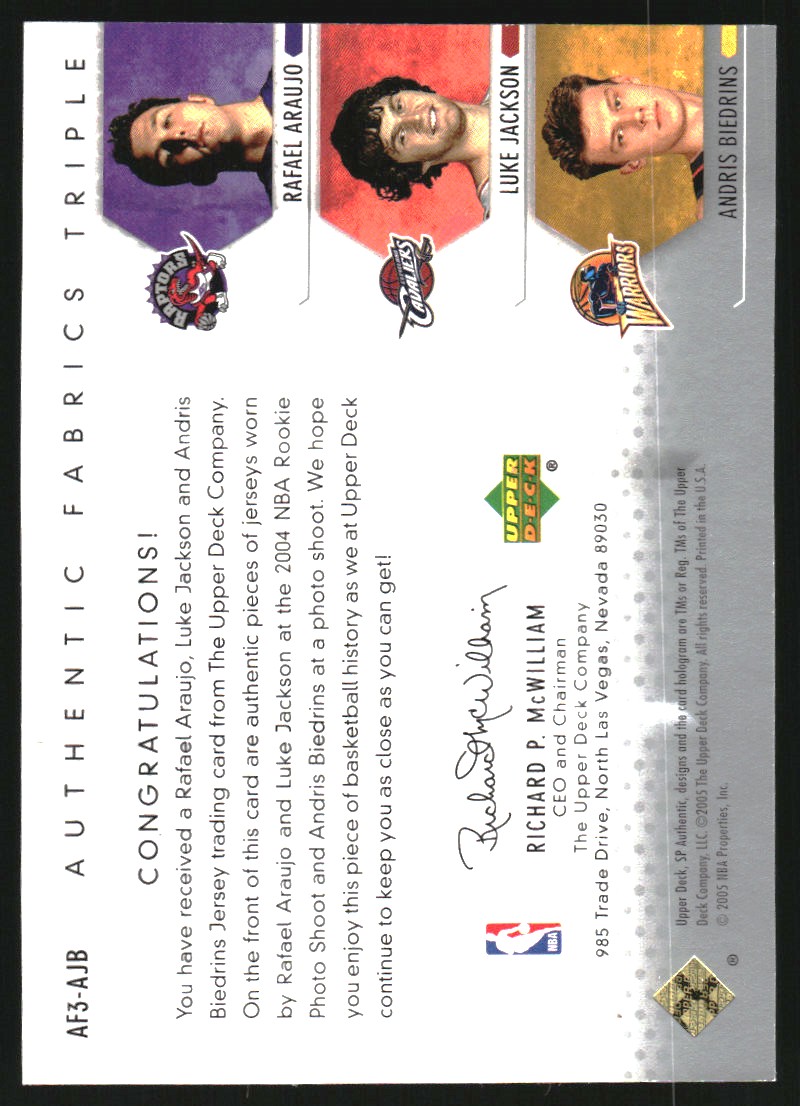 2004-05 SP Authentic Fabrics Triple #AJB Rafael Araujo/Luke Jackson/Andris Biedrins