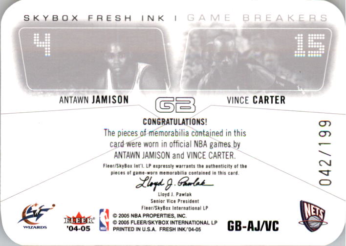 2004-05 SkyBox Fresh Ink Game Breakers Jerseys #13 Vince Carter/Antawn Jamison back image